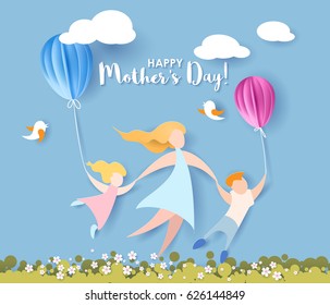 Beautiful women with her children. Happy mothers day card. Paper cut style. Vector illustration