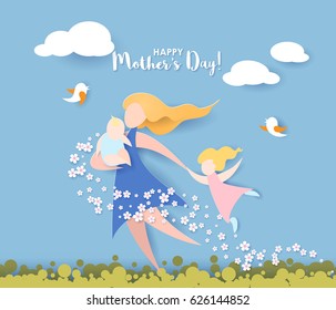 Beautiful women with her children. Happy mothers day card. Paper cut style. Vector illustration