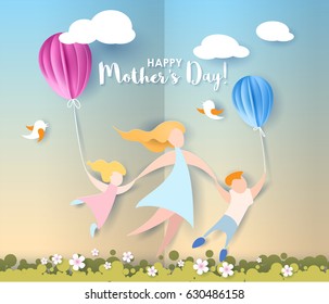 Beautiful women with her children. Happy mothers day card. Paper cut style. Vector illustration