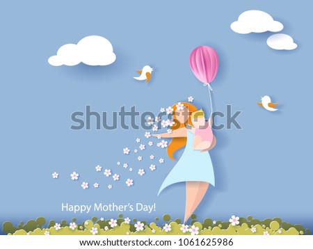 Beautiful women with her children. Happy mothers day card. Paper cut style. Vector illustration