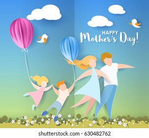 Beautiful women with her children and husband. Happy mothers day card. Paper cut style. Vector illustration