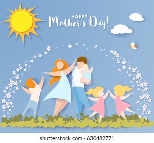 Beautiful women with her children and husband. Happy mothers day card. Paper cut style. Vector illustration