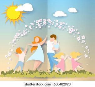 Beautiful women with her children and husband. Happy mothers day card. Paper cut style. Vector illustration