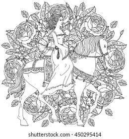 Beautiful women in the image of the princess from a fairy tale, riding on horse on luxury flowers bouquet in shape of mandala for adult coloring book or for zen anti stress drawing. Hand-drawn, vector