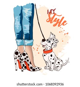 Beautiful women legs in fashionable high heel shoes. Stylish woman with a Dalmatian puppy. Shoes with stylish circle pattern. Conceptual solution shoes with the circles and close to the puppy's spots.