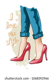 Beautiful women legs in fashionable red high heel shoes. Hand drawn sketch. Vector illustration.