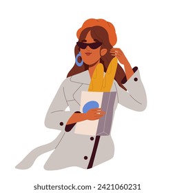 Beautiful women in life situation. Woman with package with baguettes. Active leisure. Girl with groceries. Social media sticker. Cartoon flat vector illustration isolated on white background
