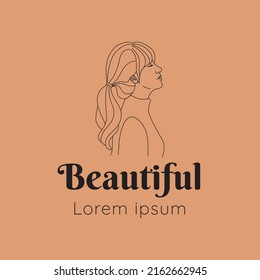 beautiful women logo line art side view long hair for salon spa accessories shop