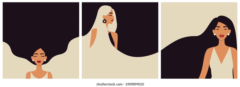 Beautiful women with long hair. Cards with minimalistic illustrations.
