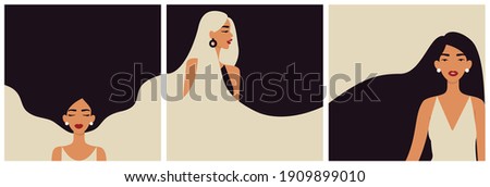 Beautiful women with long hair. Cards with minimalistic illustrations.