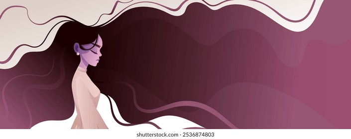 Beautiful women with long hair in cute simple dress. Minimalistic template for beauty or hair salon, shampoo ads or Women's Day. Vector cartoon illustration. Woman bg background