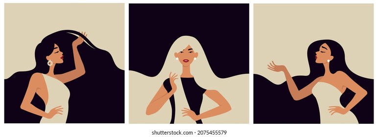 Beautiful women with long hair in different poses. Cards with minimalistic illustrations.
