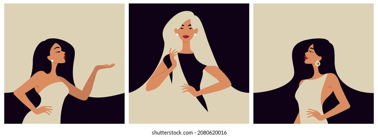 Beautiful women with long hair in different poses. Three cards with minimalistic illustrations.