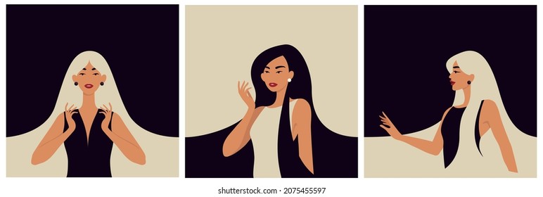 Beautiful women with long hair looks straight, in half a turn and in profile. Cards with minimalistic illustrations.