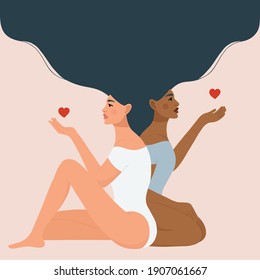 Beautiful women with long hair. Love yourself or body positive concept. Modern design for International Women's Day, Valentine's Day. Flat vector illustration. 