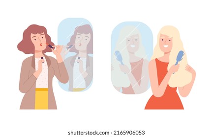 Beautiful women looking at mirror set. Cheerful positive girls combing her hair and applying lipstick cartoon vector illustration
