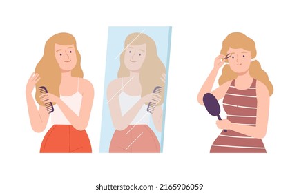 Beautiful women looking at mirror set. Cheerful positive girls combing her hair cartoon vector illustration