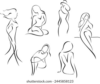 Beautiful women minimalist sketches, vinyl ready. Line drawing vector artistic illustrations of female silhouettes. Great for beauty, spa, fashion, and tourism logos, cards, signs, banners and posters