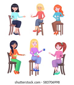 Beautiful women on chairs set. Young females in casual clothing seating in various poses with bowl of porridge, fruits and glass isolated flat vector illustrations for dieting and motherhood concepts