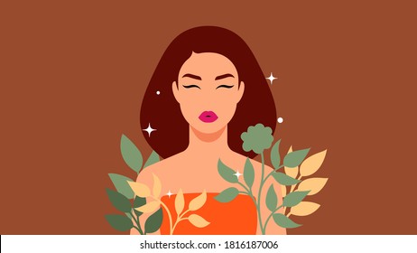 Beautiful women and plants.  Abstract female character with  leaves, flowers, floral element. Female concept for beauty, cosmetics, social media.