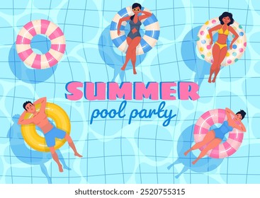Beautiful women in pool. Color inflatable circles, people with rubber water toys, swimming rings, happy summer holidays, party invitation banner, cartoon flat isolated vector concept