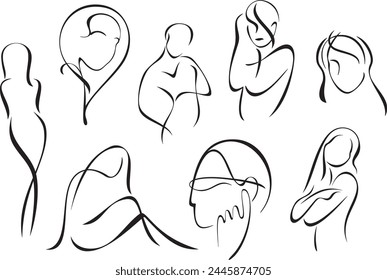 Beautiful women portrait, head and silhouette sketches, vinyl ready. Vector line drawings in minimalist style. Diversity concept. Great for beauty and fashion logos, cards, signs, banners and flyers.