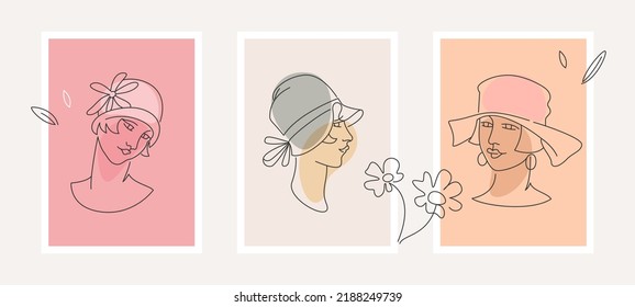 Beautiful women portraits in the 1920s style with hats and leaves. Vintage one line style faces. Perfect for apparel prints, wall decoration, luxury tattoos, minimalist posters, textile, cards etc.