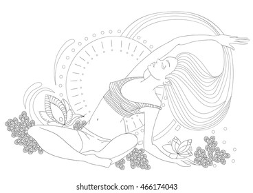 Beautiful women in pose of yoga exercises. Vector set of yoga illustration. Fantastic Poster. Healthy lifestyle. Coloring pages and book for adults and children. Energy output, unusual surroundings