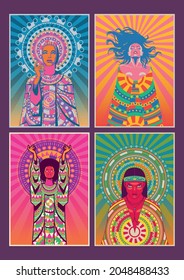 Beautiful Women Poster Set, Traditional Clothes Ornamental Decoration, Psychedelic Color Combinations