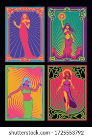 Beautiful Women Psychedelic Art Posters, Art Nouveau Frames, Goddess, Flying Woman, Dancing Girl 