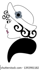 A beautiful women with purple lips and curly hair wearing a hat vector color drawing or illustration
