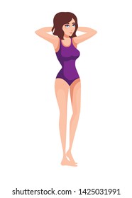 Beautiful women in purple swimsuit cartoon character design flat vector illustration