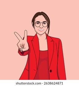 Beautiful women in red suits with victory sign flat cartoon vector illustration