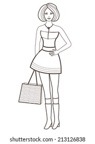Beautiful women with a shopping bag (vector illustration for coloring book)