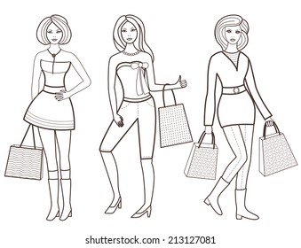 Beautiful women with a shopping bag (vector illustration for coloring book)