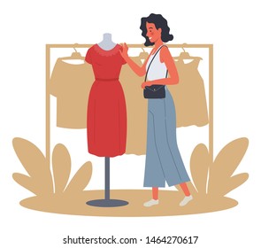 Beautiful women shopping. Girls try red dresses. Vector illustration in a flat style