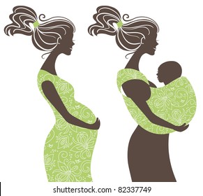 	Beautiful women silhouettes. Pregnant woman and mother with baby in a sling