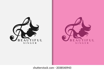 Beautiful Women Singer Logo Design with Music Chord Combination Style Concept.