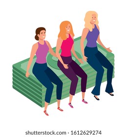 beautiful women sitting in stack bills finance vector illustration design