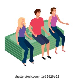 beautiful women sitting in stack bills finance vector illustration design