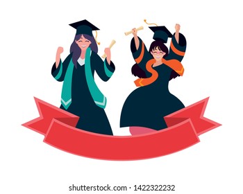 beautiful women students graduated celebrating with ribbon