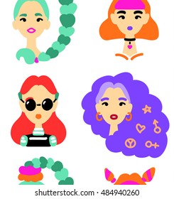 Beautiful women styled in 90s fashion. Seamless pattern. 90s fashion, make up, hair and accessories that became trendy again. Vector illustration eps 10 