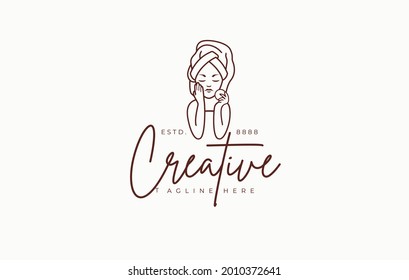 Beautiful women with turban Logo Design Template. Vector Illustration of Woman with a towel on the head. Vintage Modern Logo Line Art Design Template