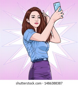 Beautiful women are using mobile phones to take pictures of themselves Illustration vector On pop art comic style Dot background