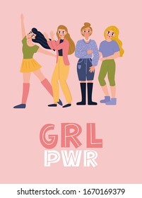  Beautiful women. Vector illustration with lettering phrase girl power. Feminine concept illustration. Handdrawn illustration