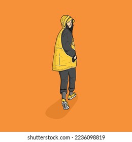 Beautiful women walking with green jacket isolated on orange background vector modern illustrations
