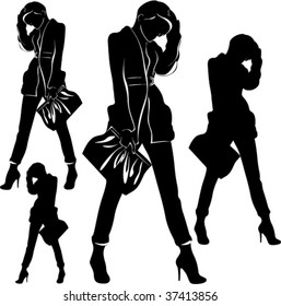 Beautiful women walking and shopping silhouette. Vector illustration.