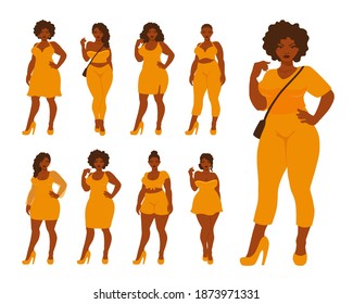 Beautiful women wear casual clothes: a dress, pants, shorts. A curvy African American girl wears high heels shoes. Plus size stylish woman. A vector cartoon illustration.