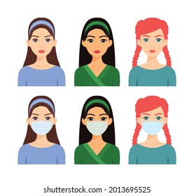 Beautiful Women Wear Medical Masks on their Faces. American, Italian, Brazilian, Turkish, Spanish, Red-haired Young Girls Without a Surgical Mask. Fashionable Avatar. Flat Cartoon Style. Vector Image