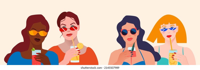 Beautiful women wearing a swimsuit, sunglasses and holding cocktails. Exotical tropical plants. Summer vacation, rest and relax. Leisure on a beach. Flat vector illustration.